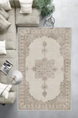 Makinede Yıkanabilir Leke Tutmaz  Bej Pvc Deri Kaymaz Taban Göbekli Salon Saçaksız Halı E4159  BEJ 200 x 300 - 6