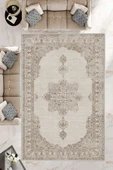 Makinede Yıkanabilir Leke Tutmaz  Bej Pvc Deri Kaymaz Taban Göbekli Salon Saçaksız Halı E4159  BEJ 200 x 300 - 1