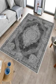 Makinede Yıkanabilir Leke Tutmaz  Gri-Antrasit Deko Deri Kaymaz Taban Göbekli Salon Saçaksız Halı E4175  GRİ-ANTRASİT 80 x 150 thumbnail 2