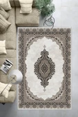 Makinede Yıkanabilir Leke Tutmaz  Kahverengi Deko Deri Kaymaz Taban Göbekli Salon Saçaksız Halı E4150  KAHVERENGİ 100 x 300 - 6