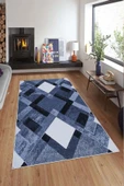 Makinede Yıkanabilir Leke Tutmaz  Mavi-Lacivert Pvc Deri Kaymaz Taban Modern Salon Saçaksız Halı A229  MAVİ-LACİVERT 80 x 150 - 3