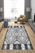 Makinede Yıkanabilir Leke Tutmaz  Gri Deko Deri Kaymaz Taban Etnik Salon Saçaksız Halı A271  GRİ 100 x 300 - 4