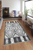 Makinede Yıkanabilir Leke Tutmaz  Gri Deko Deri Kaymaz Taban Etnik Salon Saçaksız Halı A271  GRİ 80 x 300 thumbnail 3