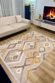 Makinede Yıkanabilir Leke Tutmaz  Hardal Dot Keçe Kaymaz Taban Etnik Salon Saçaksız Halı A277  KREM KAHVERENGİ 200 x 300 thumbnail 5