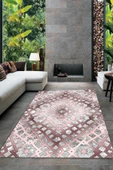 Makinede Yıkanabilir Leke Tutmaz  PEMBE-GRİ Dijital Baskı Modern Tasarım Deri Kaymaz Taban Salon Halısı A388  PEMBE-GRİ 80 x 300 - 1