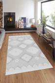 Makinede Yıkanabilir Leke Tutmaz  Açık Gri Deko Deri Kaymaz Taban Etnik Desen Salon Saçaksız Halı A287  AÇIK GRİ 100 x 300 thumbnail 3
