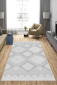 Makinede Yıkanabilir Leke Tutmaz  Açık Gri Deko Deri Kaymaz Taban Etnik Desen Salon Saçaksız Halı A287  AÇIK GRİ 100 x 300 thumbnail 4