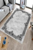 Makinede Yıkanabilir Leke Tutmaz  Gri Dot Keçe Kaymaz Taban Çerçeve Salon Saçaksız Halı B1189  100 x 300 GRİ thumbnail 3