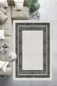 Makinede Yıkanabilir Leke Tutmaz  Krem-Antrasit Dot Keçe Kaymaz Taban Çerçeve Salon Saçaksız Halı B1170  160 x 230 KREM-ANTRASİT thumbnail 6