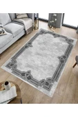 Makinede Yıkanabilir Leke Tutmaz  Gri Dot Keçe Kaymaz Taban Çerçeve Salon Saçaksız Halı B1189  100 x 300 GRİ thumbnail 5