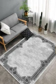 Makinede Yıkanabilir Leke Tutmaz  Gri Dot Keçe Kaymaz Taban Çerçeve Salon Saçaksız Halı B1189  100 x 300 GRİ thumbnail 4