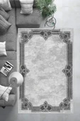 Makinede Yıkanabilir Leke Tutmaz  Gri Dot Keçe Kaymaz Taban Çerçeve Salon Saçaksız Halı B1189  100 x 300 GRİ thumbnail 6