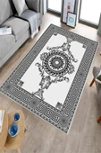 Makinede Yıkanabilir Leke Tutmaz  Beyaz-Siyah Dot Keçe Kaymaz Taban Göbekli Salon Saçaksız Halı B1190  BEYAZ 200 x 300 thumbnail 3