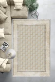 Makinede Yıkanabilir Leke Tutmaz  Krem Dot Keçe Kaymaz Taban Baklava Desen Salon Saçaksız Halı B1184  KREM 100 x 200 thumbnail 6