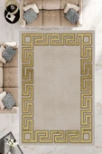 Makinede Yıkanabilir Leke Tutmaz  Krem-Gold Dot Keçe Kaymaz Taban Versace Salon Saçaksız Halı B1239  BEJ-SİYAH 100 x 200 - 1