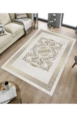 Makinede Yıkanabilir Leke Tutmaz  Krem-Gold Dot Keçe Kaymaz Taban Göbekli Salon Saçaksız Halı B1236  SİYAH 80 x 200 - 5