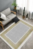 Makinede Yıkanabilir Leke Tutmaz  Gri-Gold Dot Keçe Kaymaz Taban Çerçeve Salon Saçaksız Halı B1225  KREM-BİZON 100 x 200 - 4