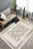 Makinede Yıkanabilir Leke Tutmaz  Krem-Gold Dot Keçe Kaymaz Taban Göbekli Salon Saçaksız Halı B1236  SİYAH 80 x 200 - 4