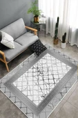 Makinede Yıkanabilir Leke Tutmaz  Gri-Beyaz Dot Keçe Kaymaz Taban Versace Salon Saçaksız Halı B1292  GRİ-BEYAZ 100 x 200 thumbnail 4
