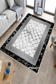 Makinede Yıkanabilir Leke Tutmaz  Siyah-Beyaz Dot Keçe Kaymaz Taban Versace Salon Saçaksız Halı B1294  SİYAH-BEYAZ 200 x 300 thumbnail 3