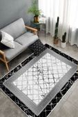Makinede Yıkanabilir Leke Tutmaz  Siyah-Beyaz Dot Keçe Kaymaz Taban Versace Salon Saçaksız Halı B1294  SİYAH-BEYAZ 200 x 300 thumbnail 4