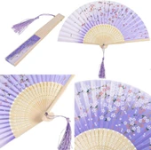 Beluga Yelpaze Bambu Vintage Lila Bahar Dalı Desenli Şık Püsküllü Japon Yelpaze 0303 - 1