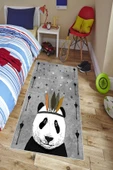 Makinede Yıkanabilir Leke Tutmaz  Gri Pvc Deri Kaymaz Taban Panda Çocuk Saçaksız Halı H7122  ÇOKLU 80 x 200 - 4