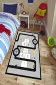 Makinede Yıkanabilir Leke Tutmaz  Gri Pvc Deri Kaymaz Taban Seksek Yol Figürlü Çocuk Saçaksız Halı H7125-1  ÇOKLU 80 x 300 - 4