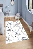 Makinede Yıkanabilir Leke Tutmaz  Beyaz Pvc Deri Kaymaz Taban Uzay Çocuk Saçaksız Halı H7113  ÇOKLU 120 x 180 - 1