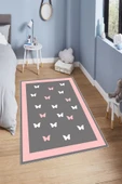 Makinede Yıkanabilir Leke Tutmaz  Gri-Pembe Pvc Deri Kaymaz Taban Kelebek Çocuk Saçaksız Halı H7120  ÇOKLU 80 x 150 - 1