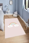 Makinede Yıkanabilir Leke Tutmaz  Pembe Pvc Deri Kaymaz Taban Gökkuşagı Çocuk Saçaksız Halı H7117  ÇOKLU 100 x 200 - 1
