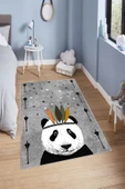 Makinede Yıkanabilir Leke Tutmaz  Gri Pvc Deri Kaymaz Taban Panda Çocuk Saçaksız Halı H7122  ÇOKLU 80 x 200 - 1