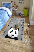 Makinede Yıkanabilir Leke Tutmaz  Gri Pvc Deri Kaymaz Taban Panda Çocuk Saçaksız Halı H7122  ÇOKLU 80 x 200 - 3