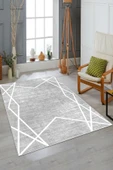 Makinede Yıkanabilir Leke Tutmaz  Gri-Beyaz Pvc Deri Kaymaz Taban Modern Salon Saçaksız Halı B1147-2  GRİ BEYAZ 120 x 180 - 1