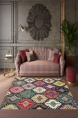 Makinede Yıkanabilir Leke Tutmaz  Multi Deko Deri Kaymaz Taban Etnik Salon Saçaksız Halı E4123  ÇOKLU 120 x 300 thumbnail 1