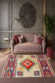 Makinede Yıkanabilir Leke Tutmaz  Multi Pvc Deri Kaymaz Taban Etnik Salon Saçaksız Halı E4135  ÇOKLU 150 x 350 thumbnail 1