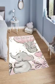 Makinede Yıkanabilir Leke Tutmaz  Gri-Pembe Dot Keçe Kaymaz Taban Sevimli Fil Çocuk Saçaksız Halı H7109  ÇOKLU 180 x 280 thumbnail 1