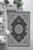Makinede Yıkanabilir Leke Tutmaz  Gri-Siyah Dot Keçe Kaymaz Taban Göbekli Salon Saçaksız Halı E4170  GRİ-SİYAH 80 x 300 - 6
