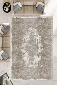 Makinede Yıkanabilir Leke Tutmaz  Vizon Dot Keçe Kaymaz Taban Vintage Göbekli Salon Saçaksız Halı E4171  VİZON 80 x 200 - 1