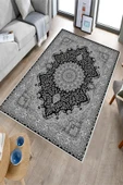 Makinede Yıkanabilir Leke Tutmaz  Gri-Siyah Dot Keçe Kaymaz Taban Göbekli Salon Saçaksız Halı E4170  GRİ-SİYAH 80 x 200 thumbnail 3