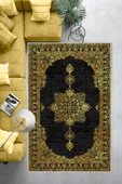 Makinede Yıkanabilir Leke Tutmaz  Siyah-Sarı Dot Keçe Kaymaz Taban Göbekli Salon Saçaksız Halı E4161  SİYAH-SARI 180 x 280 thumbnail 4