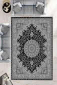 Makinede Yıkanabilir Leke Tutmaz  Gri-Siyah Dot Keçe Kaymaz Taban Göbekli Salon Saçaksız Halı E4170  GRİ-SİYAH 120 x 180 thumbnail 1