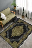Makinede Yıkanabilir Leke Tutmaz  Gold-Siyah Dot Keçe Kaymaz Taban Göbekli Salon Saçaksız Halı E4176  GOLD-SİYAH 120 x 180 - 4