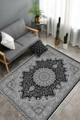 Makinede Yıkanabilir Leke Tutmaz  Gri-Siyah Dot Keçe Kaymaz Taban Göbekli Salon Saçaksız Halı E4170  GRİ-SİYAH 80 x 300 - 4