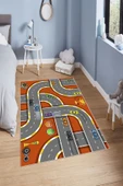 Makinede Yıkanabilir Leke Tutmaz  Gri-Turuncu Dot Keçe Kaymaz Taban Çevre Araç Çocuk Saçaksız Halı H7106  ÇOKLU 100 x 300 thumbnail 1