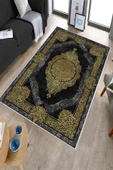 Makinede Yıkanabilir Leke Tutmaz  Gold-Siyah Dot Keçe Kaymaz Taban Göbekli Salon Saçaksız Halı E4176  GOLD-SİYAH 80 x 300 thumbnail 3