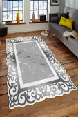 Makinede Yıkanabilir Leke Tutmaz  Gri Pvc Deri Kaymaz Taban Lazer Kesim Salon-Hol Saçaksız Halı L8003-2  GRİ 100 x 300 - 1