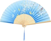 Beluga Yelpaze Bambu Vintage Mavi Kelebekli Bahar Dalı Desenli Şık Püsküllü Japon Yelpaze 0396 - 1