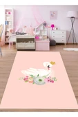 Makinede Yıkanabilir Leke Tutmaz  Pembe Pvc Deri Kaymaz Taban Taçlı Kuğu Kız Çocuk Saçaksız Halı H7206  Pembe 200 x 290 - 1