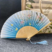 Beluga Yelpaze Bambu Vintage Mavi Kelebekli Bahar Dalı Desenli Şık Püsküllü Japon Yelpaze 0396 - 2